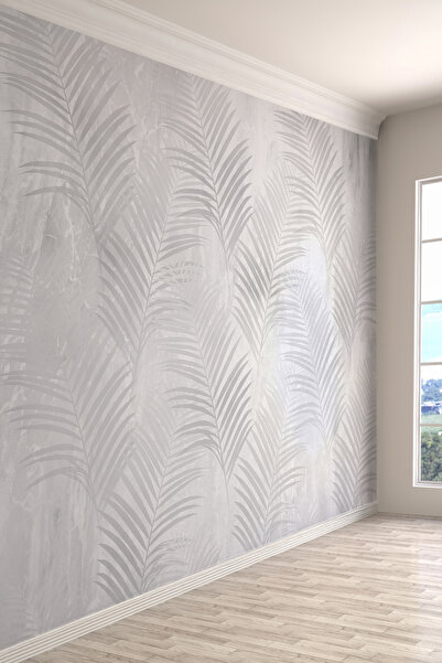 dreamwall Gri Sisli Yaprak Desenli Tek Parça Tekstil Duvar Kağıdı