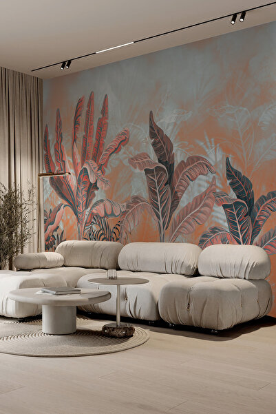 dreamwall Turuncu Açık Mavi Tropikal Yaprak Desenli Tek Parça Silinebilir Tekstil Duvar Kağıdı