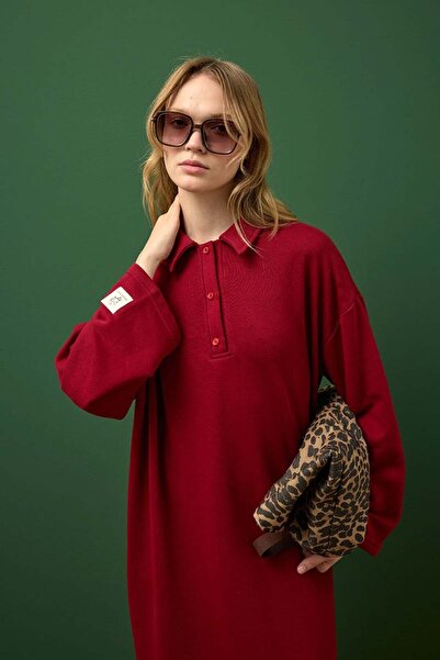 Ceylan Otantik Burgundy 3 Thread Neckline Dress