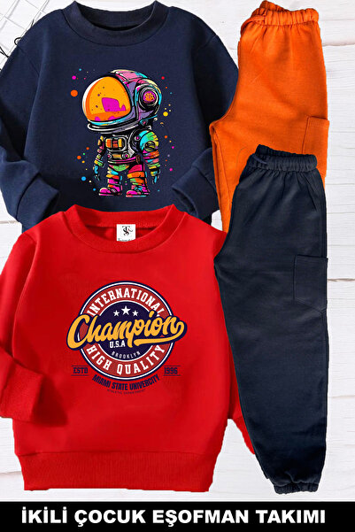 twins tailors Астронавт с принт, подплатен с флис, 2-компонентен комплект, тъмносин и червен унисекс детски спортен екип