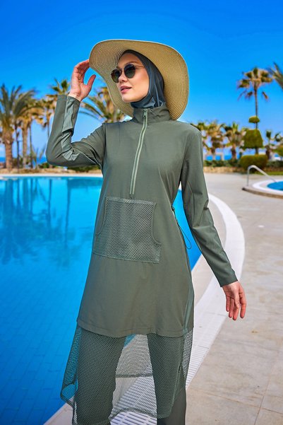 Marina Swimwear Khaki Full Covered Hijab Swimsuit - High Neck, with Stopper, Water Draining M2508-3