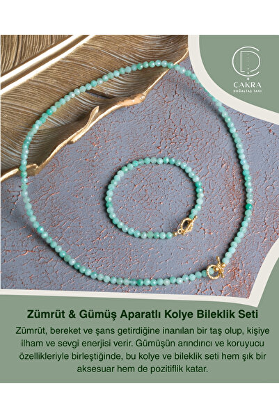 ÇAKRA DOĞAL TAŞ Zümrüt & Gümüş Aparatlı Kolye Bileklik Seti