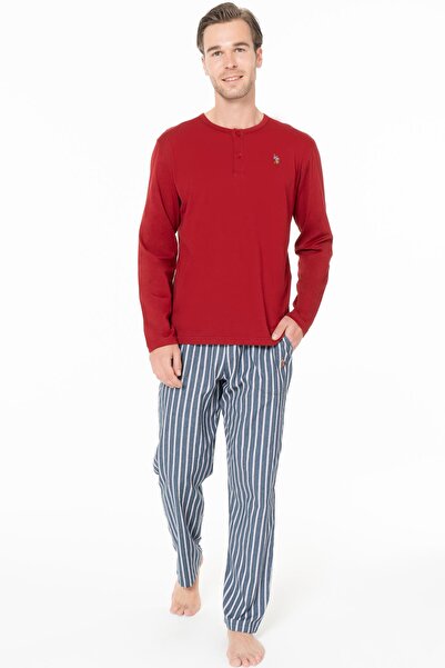 U.S. Polo Assn. Erkek Pijama Takım, Alt Çizgili, Üst Düz Renk Düğmeli Yaka