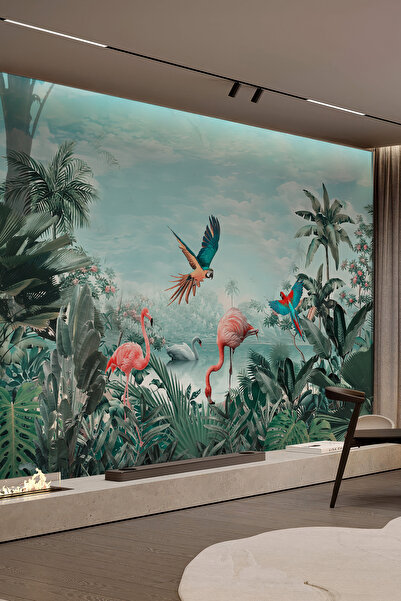 dreamwall Flamingo ve Papağan Desenli Tropikal Tekstil Duvar Kağıdı