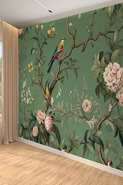 dreamwall Yeşil Fon Kuş ve Çiçek Desenli Tekstil Duvar Kağıdı