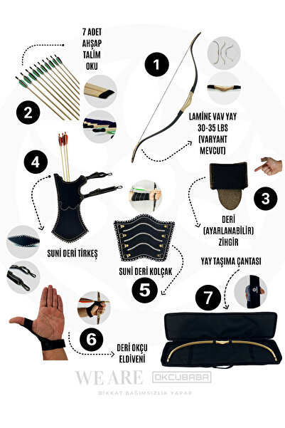 okcubaba Geleneksel Okçuluk Lamine 'Vav' Set- Vav Yay + 7 Ok + Zihgir + Tirkeş + Kolçak + Eldiven + Çanta