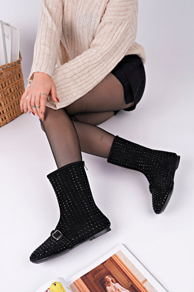 RoseVeno Kadın Siyaha Siyah Taşlı Ortadan Dikişli Fermuarlı Bot