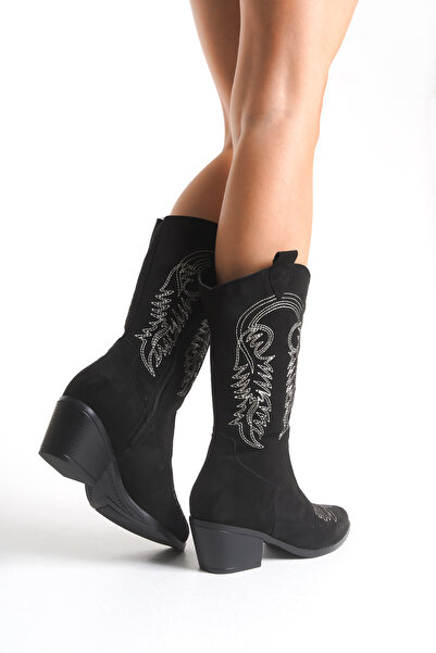 Limeo Handmade Pointed Toe Heeled Embroidered Pattern Detailed Leather Women's Zippered Cowboy Boots