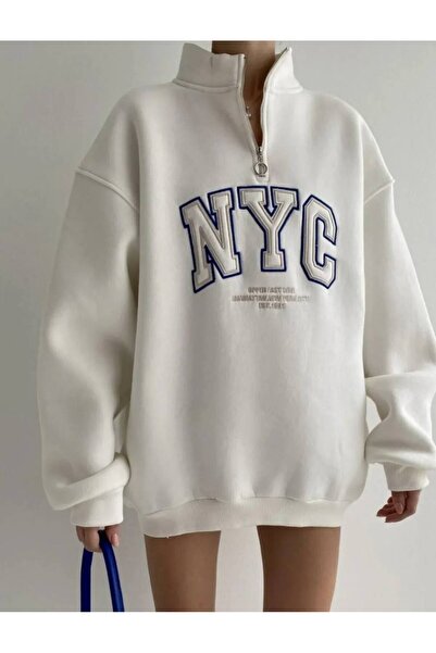 ÇEÇİM Γυναικείο φούτερ με μισό φερμουάρ με τύπωμα oversized επένδυση fleece Z...