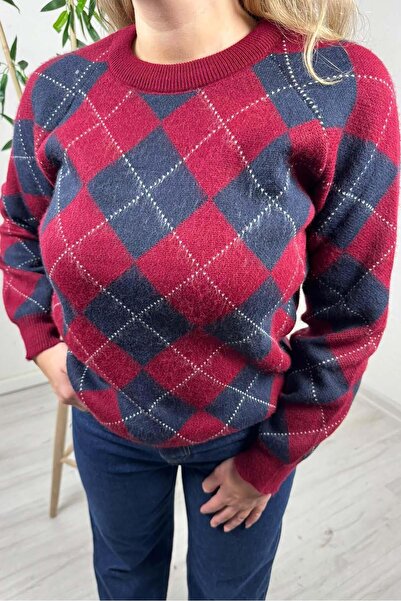 EXPLODE - Kadın Bordo-Lacivert Baklava Desenli Bisiklet Yaka Oversize Triko Kazak