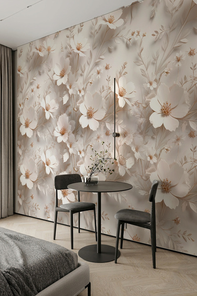dreamwall Bej Beyaz Çiçek Desenli Tek Parça Tekstil Duvar Kağıdı