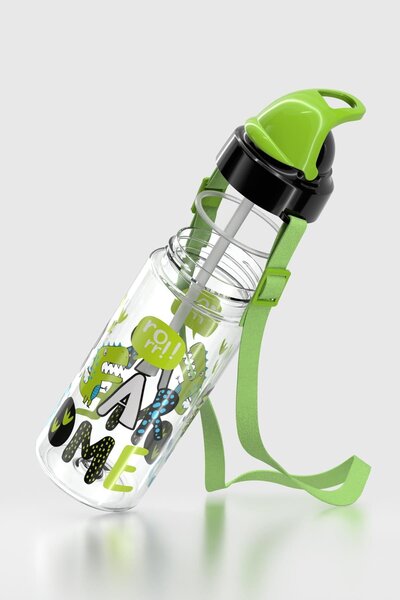 Renga Sonic Air Patterned 500 ml Tritan Children's Water Bottle with Strap and Straw 912058 Black-Green