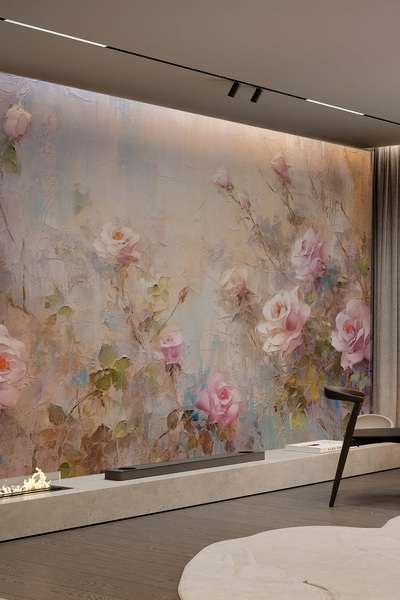 dreamwall Pastel Gül Desenli Yağlı Boya Efektli Romantik Tekstil Duvar Kağıdı