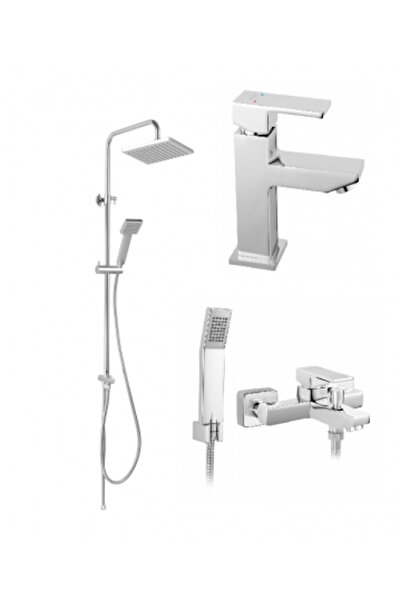 FERRO Pachet 3 Baterii Zicco-Wizard Square: Cada/Dus, Lavoar, crom si colona de dus patrat