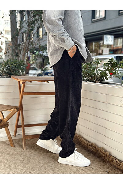manch collection Pileli Baggy Kadife Pantolon Siyah