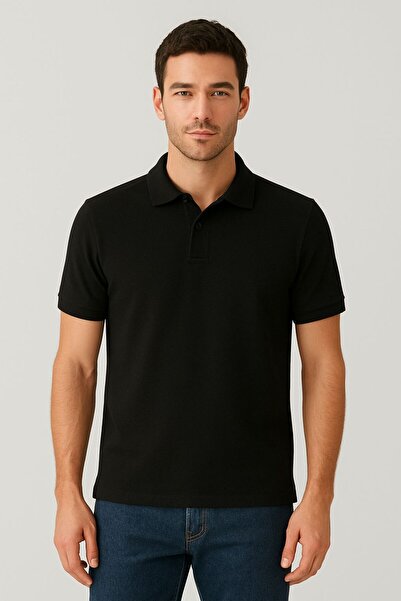 MODA Men's Black Slim Fit Cut 100% Cotton Non-Curling Polo Neck T-Shirt