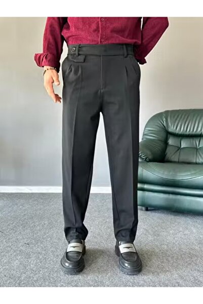 TÜZeMEN Pleated Fabric Pants with Side Button Closure