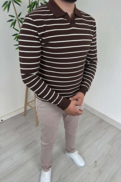 EXPLODE - Erkek Kahve Çizgili Polo Yaka Oversize Triko Kazak