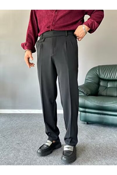 TÜZeMEN Pleated Fabric Pants with Side Button Closure