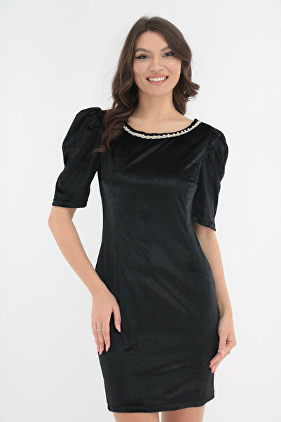 Vanessa Line RO Rochie eleganta din catifea neagra cu margelute si funda sati...