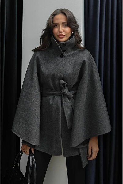 My Blog Anthrazitfarbener, geknöpfter Poncho mit Gürtel und Kaschmir – 2055