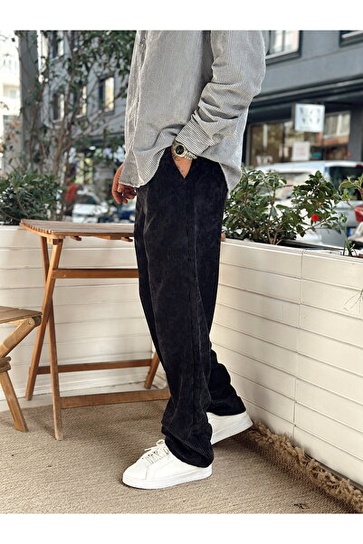 manch collection Pileli Baggy Kadife Pantolon Siyah