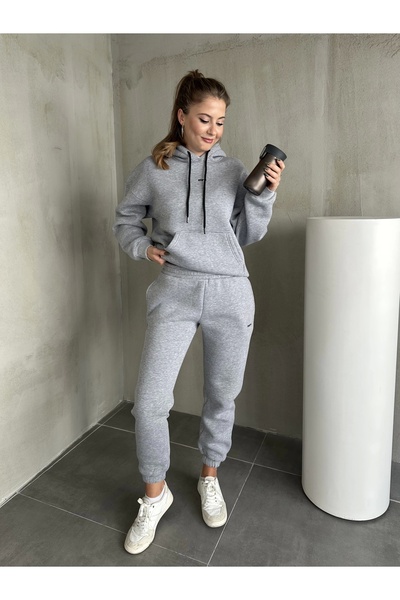 asfamoda Γυναικείο σετ φούτερ με κουκούλα με τρεις κλωστές σε γκρι μελανζέ