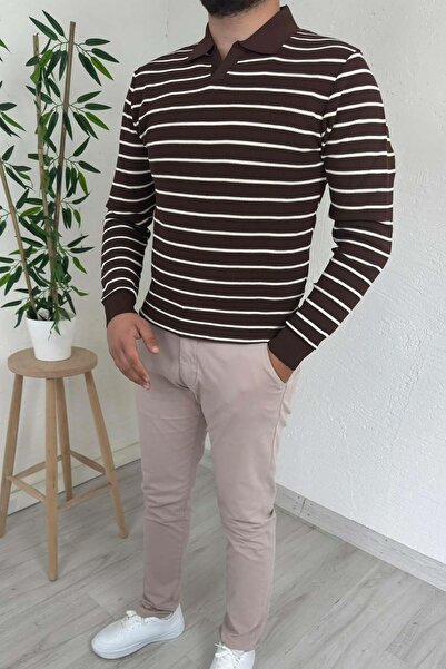 EXPLODE - Erkek Kahve Çizgili Polo Yaka Oversize Triko Kazak