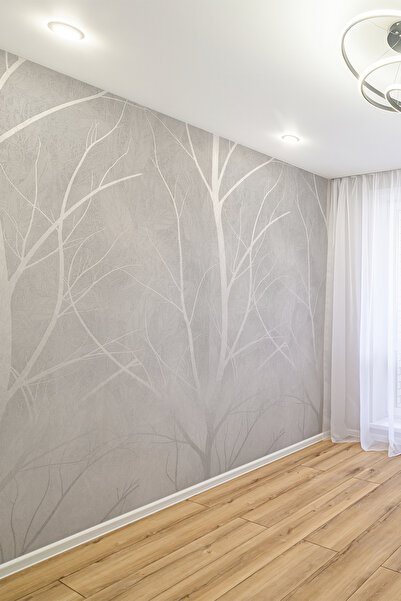 dreamwall Gri Ağaç Siluetli Tek Parça Tekstil Duvar Kağıdı