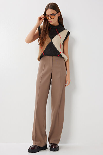Lovelyİstanbul Stitched Straight Polyviscon Pants Lgp0023 Dark Beige
