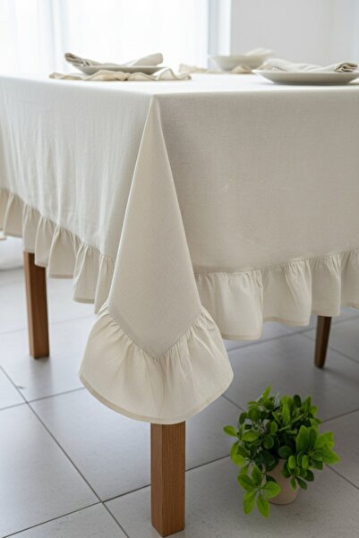 zarafet concept Fırfırlı Naturel Ham Keten Vintage Masa Örtüsü Soft Keten Ser...