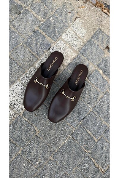 Eataly Shoes Acıkahve Leather Buckle Flat Model Slippers