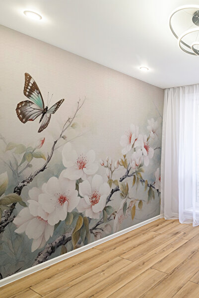 dreamwall Kelebek ve Beyaz Çiçek Desenli Tekstil Duvar Kağıdı