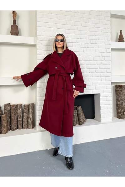 Cistern İstanbul Palton lung premium pentru femei, bordeaux, cu epolete pe brațe și pe umeri