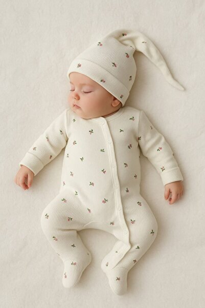Tuembaby % 100 Pamuk Lale Desen Çıtçıtlı Şapkalı Uzun Kolu Patikli Unisex Beb...