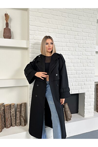 Cistern İstanbul Γυναικείο μακρύ παλτό από κασμίρ Premium με μαύρα μανίκια και επιλέκτρια στον ώμο