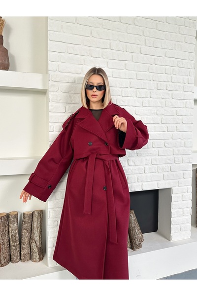 Cistern İstanbul Palton lung premium pentru femei, bordeaux, cu epolete pe brațe și pe umeri