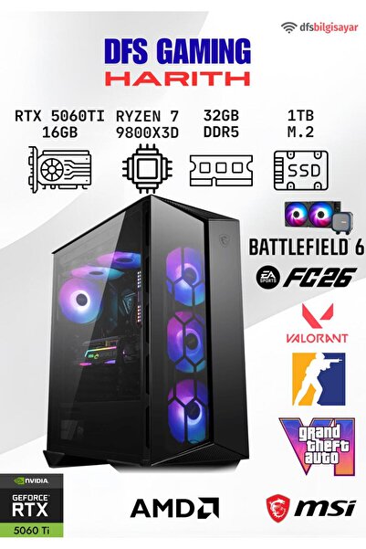 MSI DFS GAMING HARITH RYZEN 7 9800X3D-B650M-RTX 5060 TI 16GB-32GB DDR5 RAM-1TB M.2 SSD-OYUNCU BİLGİSAYAR