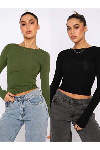 ÖZ PAMUK Блуза без яка, от обикновена материя, с дълги ръкави и еластична