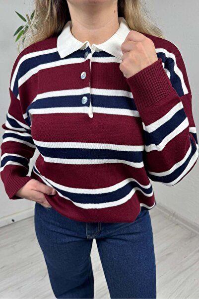 EXPLODE - Kadın Bordo Polo Yaka Çizgili Oversize Triko Kazak