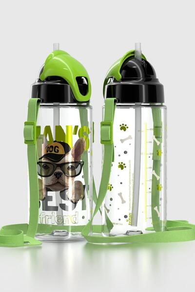 Renga Sonic Air Dog Patterned 500 ml Tritan Children's Water Bottle with Strap and Straw 912059 Black-Green