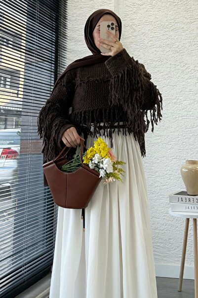 MELEK ARAZ Pulover de tricotaj pentru femei cu franjuri premium – maro