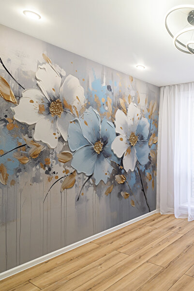 dreamwall Mavi Beyaz Çiçek Desenli Tekstil Duvar Kağıdı