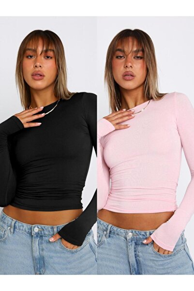 ÖZ PAMUK Základní lycrová halenka s dlouhým rukávem a rovným střihem