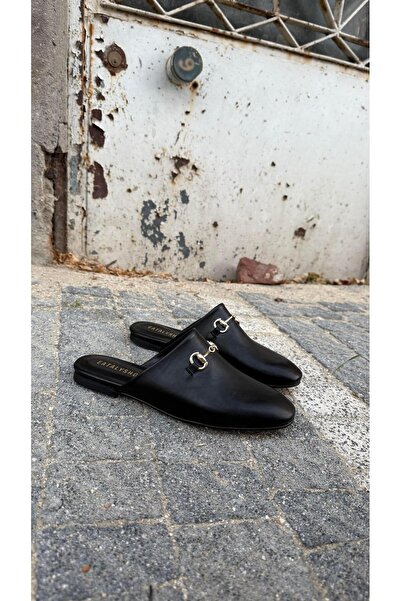 Eataly Shoes Black Leather Buckle Flat Model Slippers