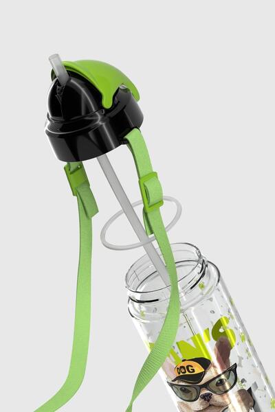 Renga Sonic Air Dog Patterned 500 ml Tritan Children's Water Bottle with Strap and Straw 912059 Black-Green