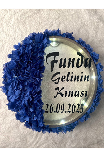 Mortex Saks Mavi LED’li Şeffaf Gelin Tefi 32 cm 3D Çiçek Süslemeli Kına Düğün...