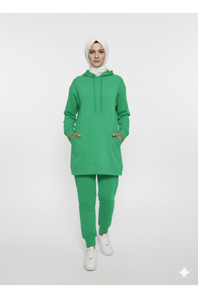 Plistre 2273_Πράσινο Τεσσέτορ με κουκούλα Σετ αθλητικής φόρμας - oversized κλ...