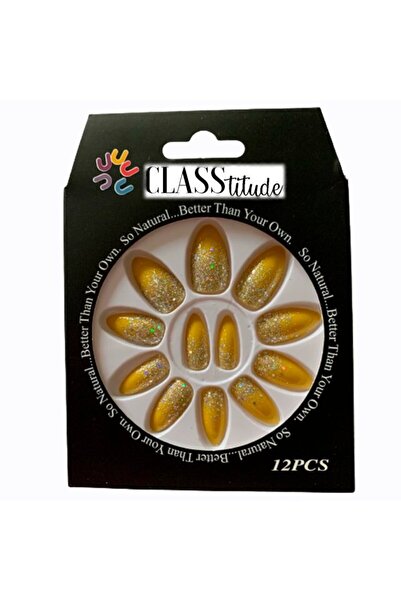 KESNUP Set de 12 unghii false autoadezive cu sclipici, galbene