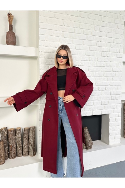 Cistern İstanbul Palton lung premium pentru femei, bordeaux, cu epolete pe brațe și pe umeri